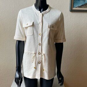 Jones New York cream short sleeved cotton jersey cinch waist shirt size medium